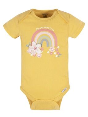 Gerber Dreams Come True Yellow Rainbow Floral Newborn Short Sleeve Onsie